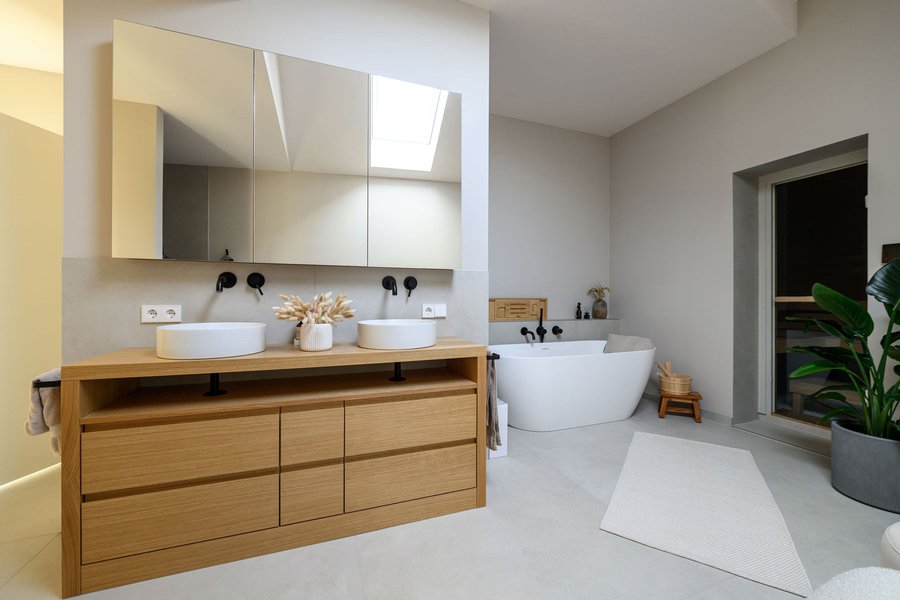 Badezimmer mit freistehender weißer Badewanne, zwei runden weißen Waschbecken einen Unterschrank in Holz und den Eingang zu einer Sauna